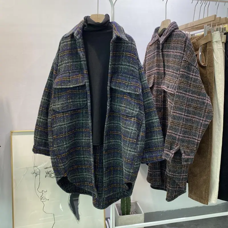

2022 New Arrival Autumn/winter Women Loose Casual Long Plaid Print Turn-down Collar Coat Single Breasted Cotton Wool Blends P579