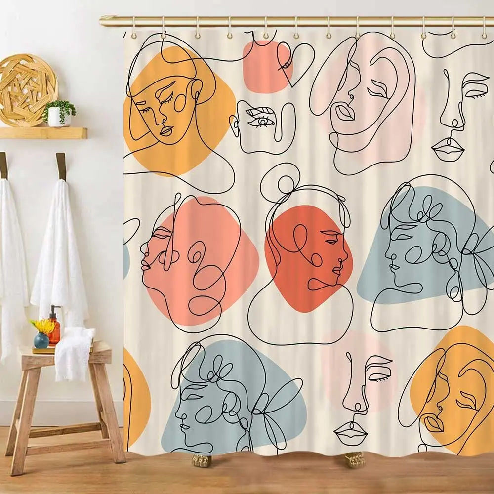 

Modern Shower Curtain Simple Abstract Face Silhouettes Minimalist Shapes Line Portrait Art Bathroom Decor Bath Curtains Set