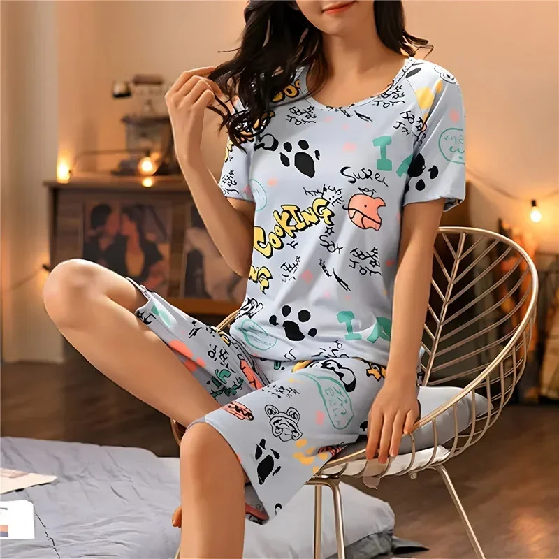 

Пижама, летняя модная Пижама, Капри в клетку для отдыха, домашняя женская одежда для сна с короткими рукавами и мультипликационным рисунком, комплекты одежды из полиэстера