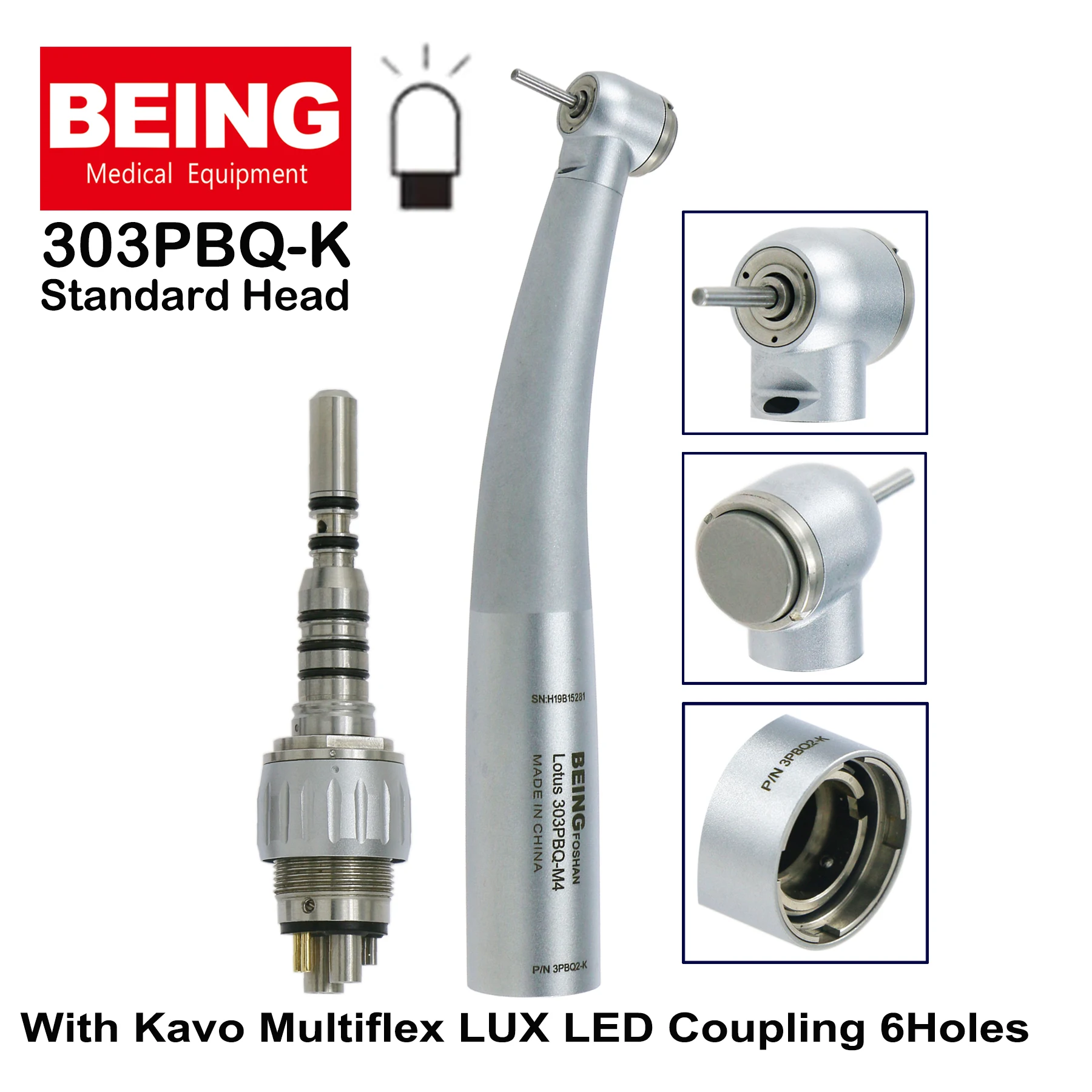 BEING Dental LED Fiber Optic High Speed Air Turbine Standard Head Turbine Handpiece 303PBQ-K With KAVO MULTIflex Coupling 6Holes