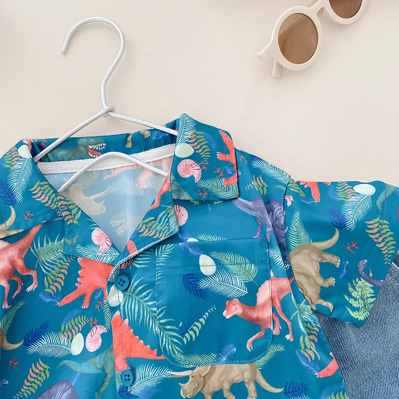 Летняя Детская рубашка с принтом динозавра пляжная одежда для мальчиков топы