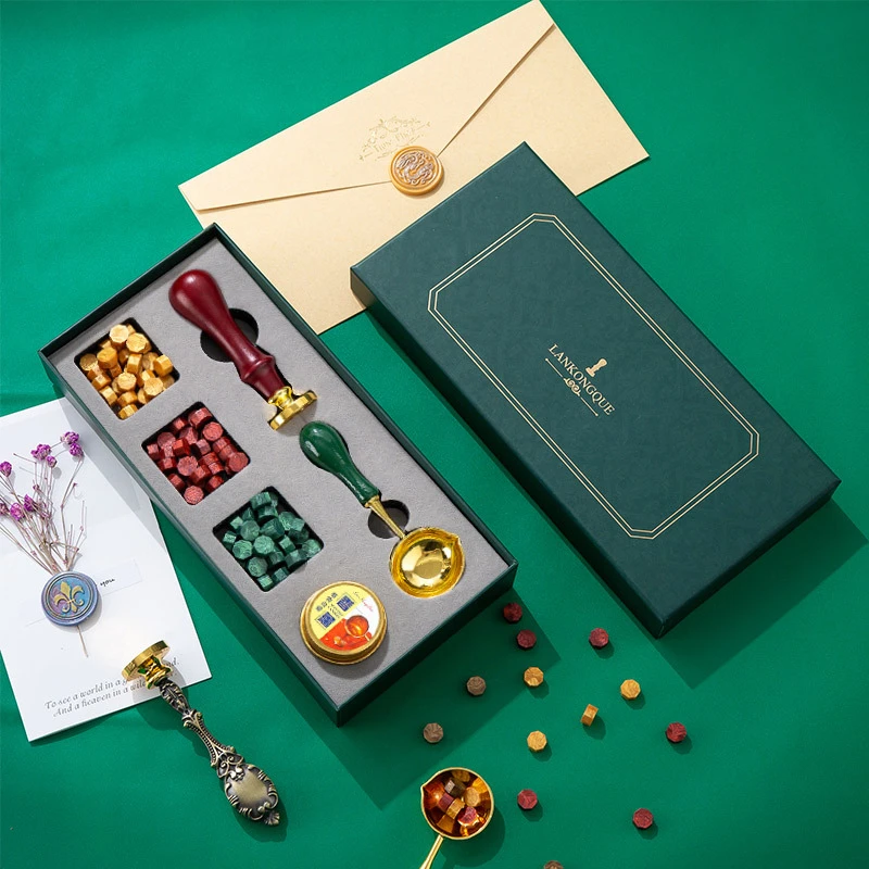

Fire Lacquer Wax Stamp Wax Kit Gift Box for Scrapbooking Wedding Invitation Decor Antique Wooden Sealing Wedding Stamps Set