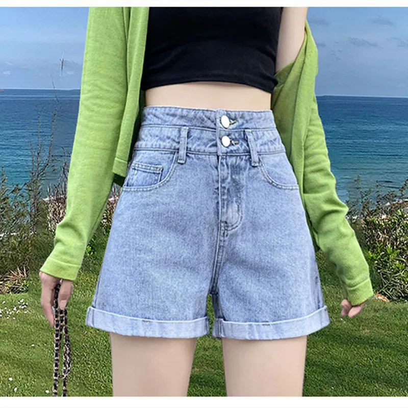

Женские джинсовые шорты с завышенной талией, короткие трапециевидные шорты с карманами и отложными манжетами, Прямая поставка, лето 2022