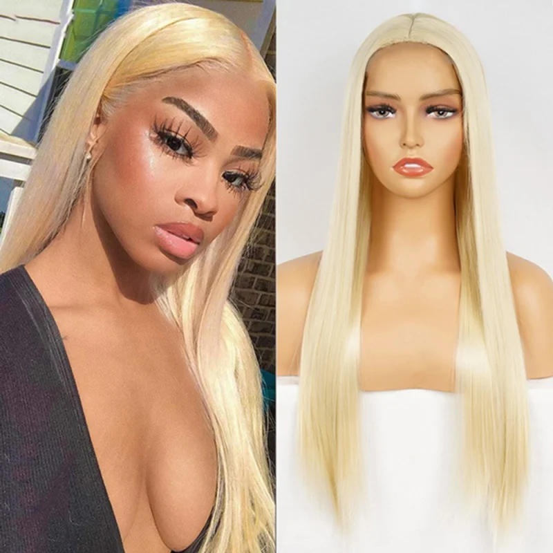 

Blonde Long Straight Wig Synthetic Middle Part Natural Hairline Wig Highlight Black Brown Pink Wig For Women Daily Cosplay Party