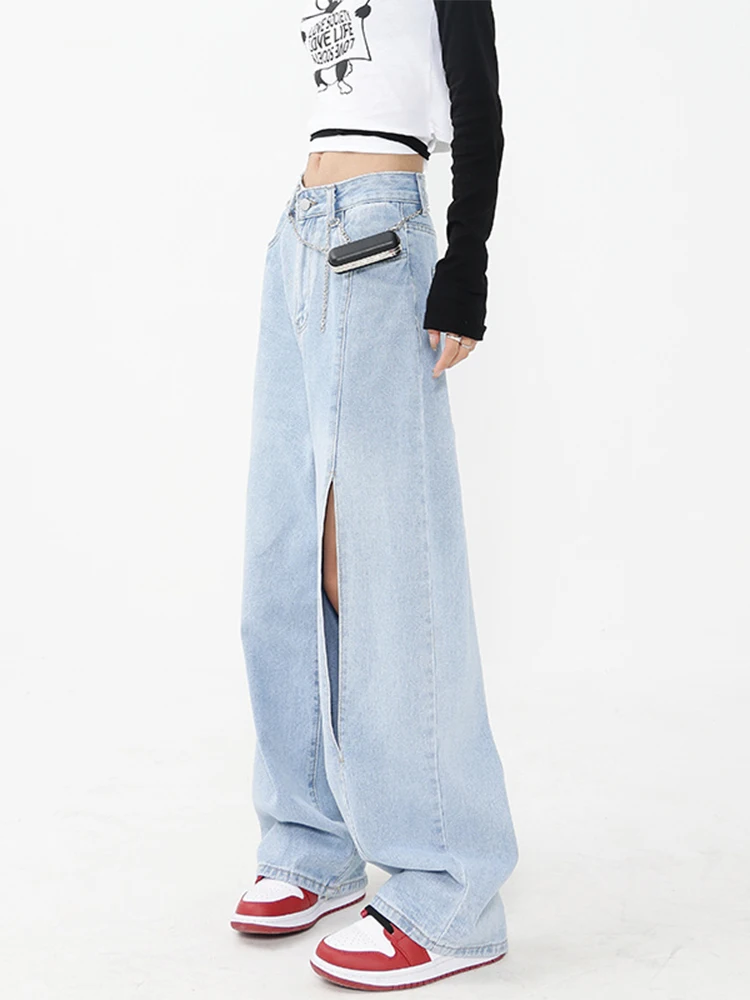 

American Style Retro Solid Color Women Jean Trousers 2023 New High Waist Straight Wide Leg Denim Pant Hollow Out Streetwear Chic