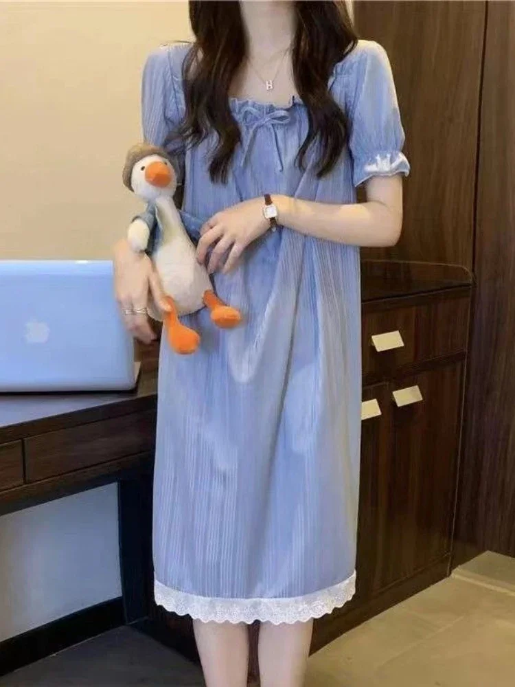 Ночные рубашки с бантом женские элегантные летние пижамы миди пышными рукавами