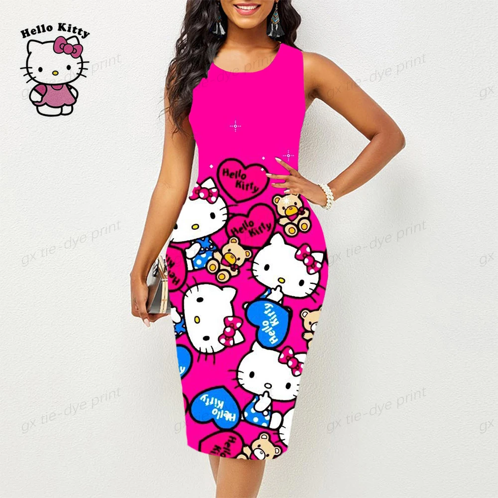 

Женское облегающее платье с круглым вырезом, повседневное винтажное платье до колена с принтом Hello Kitty, без рукавов, лето 2023