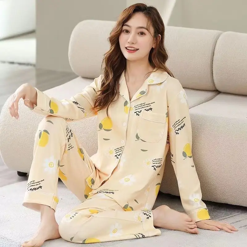 Cotton Pajamas Women Summer Long-sleeved Trousers Two-piece Suit Women's Satin Loose Printed Home Wear Casual Fashion Pajamas