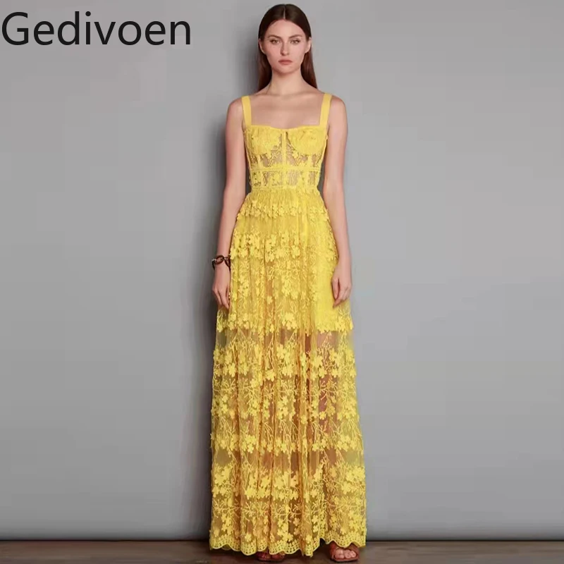 Gedivoen Fashion Runway dress Summer Women's Dress Spaghetti Strap Mesh Flower Embroidery Vacation Vintage Maxi Dresses
