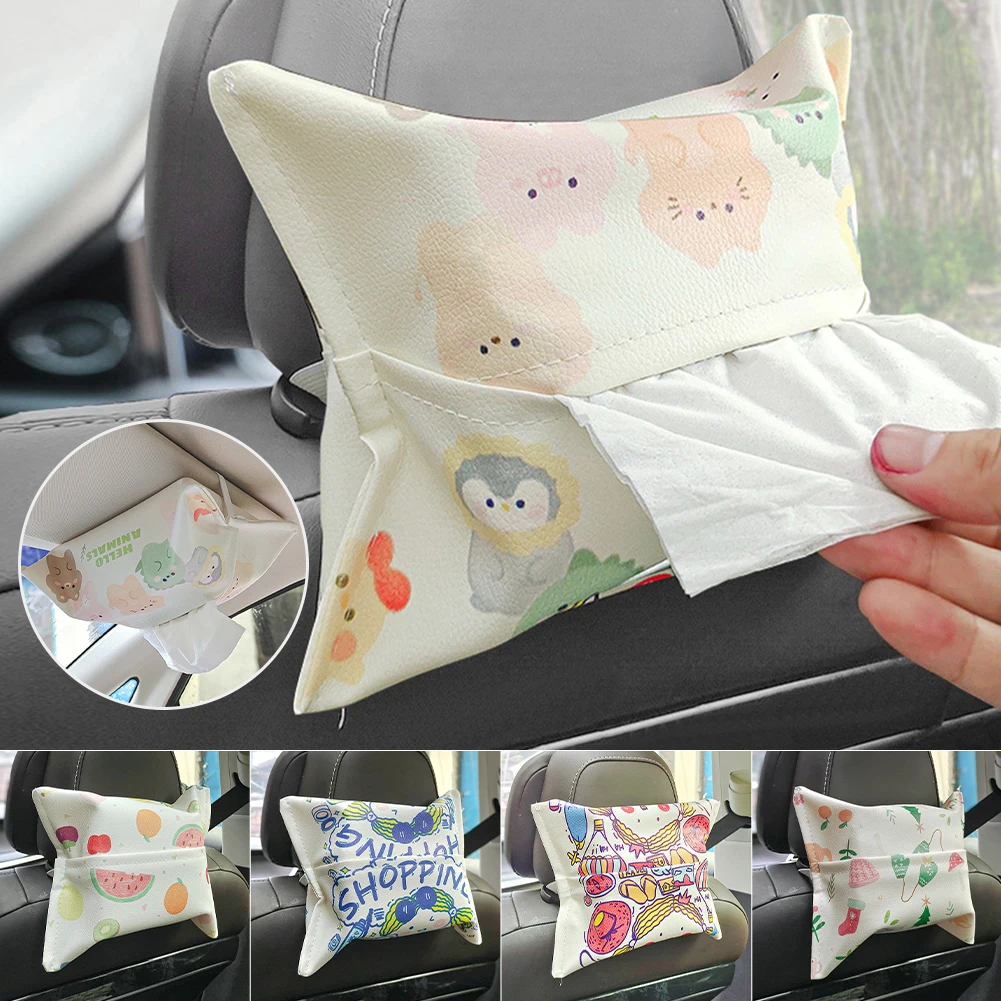 

Car Tissue Holder Cartoon Hanging Tissue Box With Strap Universal Leather Napkin Case Back Seat Organizer Interior Accessories