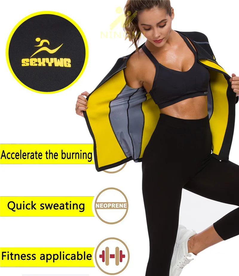 NINGMI Slimming Body Shaper Waist Trainer for Women Zipper Blouse Neoprene Sauna Vest Warming Shirt Long Sleeve Jacket Shapewear