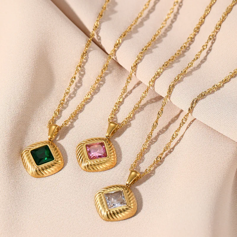 

Square Zircon Texture Stainless Steel Necklace Colares Schmuck Halskette Gold Color Plated Bijoux En Aci Inoxyd Collier