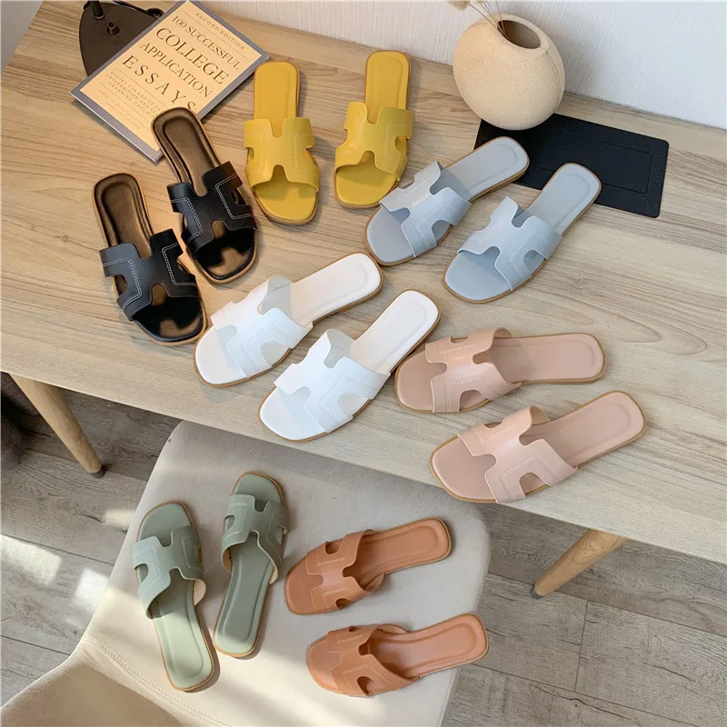 

New Fashion Summer Indoor PU Women's Designer Slippers Solid Basic Non-slip Casual Outdoor Slides Beach Flat with Shoes for Woma