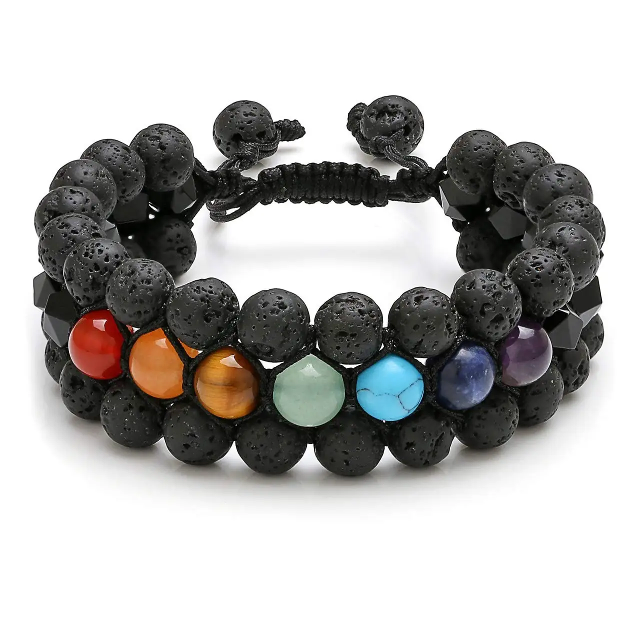 

New Classic Black Lava Stone 7 Chakra Bracelet for Women Men Handmade 3 Strands Multilayer Adjustable Braided Bracelets