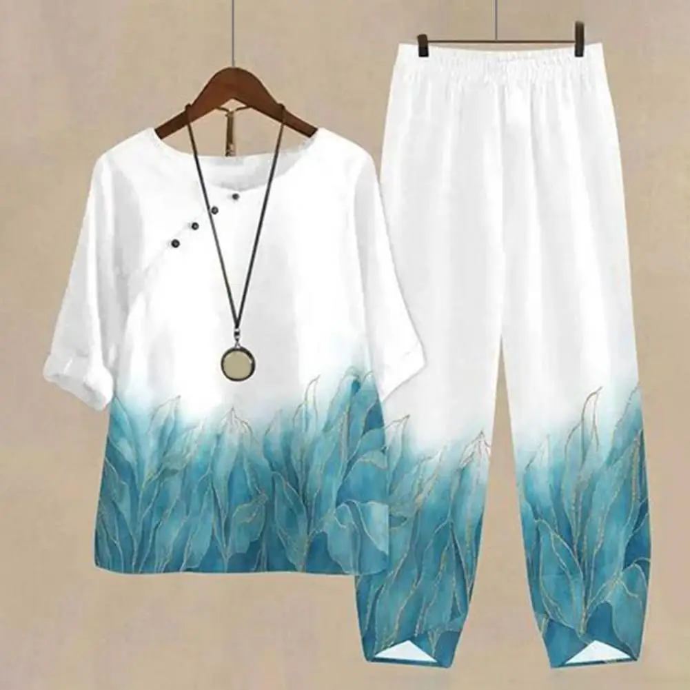 

Удобный женский комплект из двух предметов с принтом, Женский стильный топ с круглым вырезом и широкие брюки для повседневного комфорта, женский топ и брюки