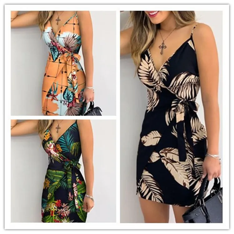 Sexy V-neck Print Dress Lace Up Wrap Beach Dresses Summer New Party Skirt