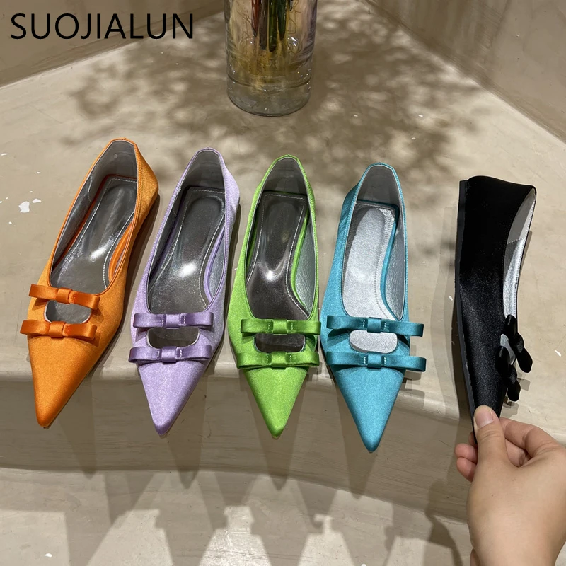 SUOJIALUN 2022 New Spring Flats Shoes Pointed Toe Shallow Slip On Ladies Elegant Ballerina Fashion Bow-knot Casual Women Loafers