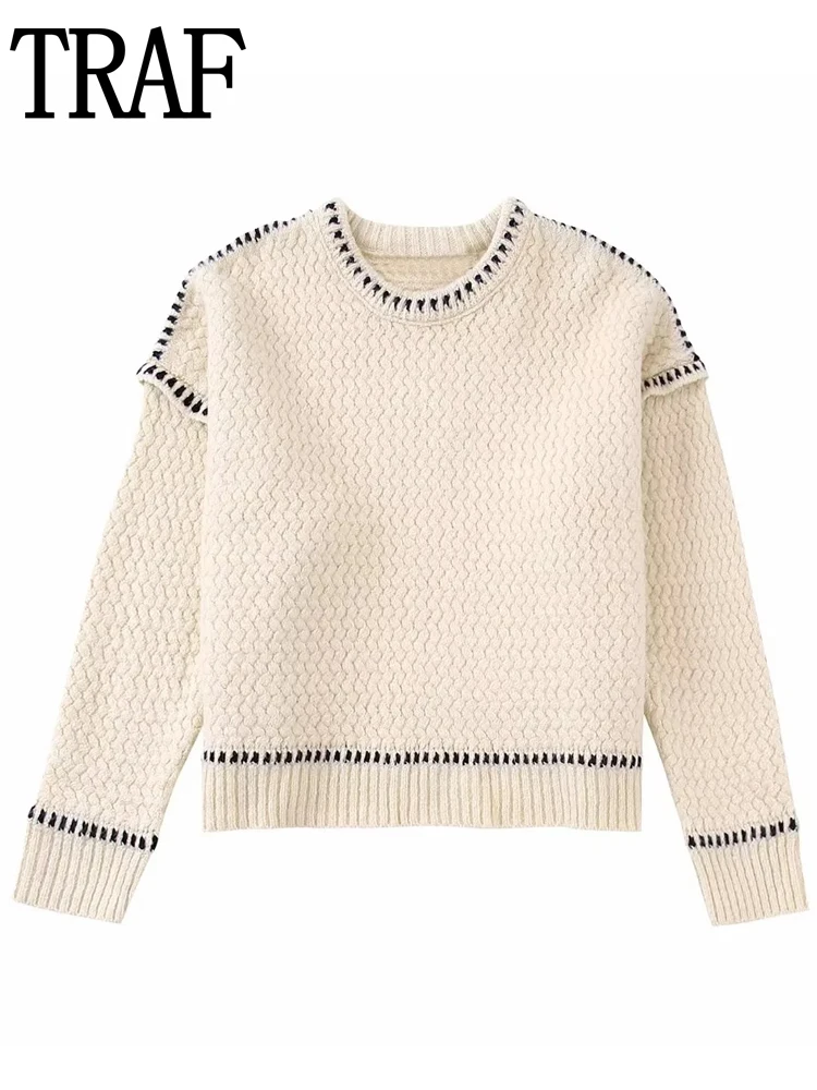 

TRAF Cropped Knitted Sweater Woman Winter 2022 Long Sleeve Pullover Women Crewneck Fashion Autumn Jerseys Woman Knit Top