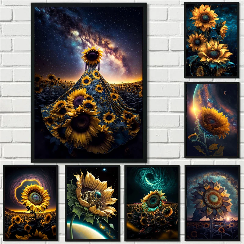 

Modern Space Universe Sunflowers Poster Print Canvas Painting Flowers Plants Wall Art Picture for Living Room Home Decor Cuadros