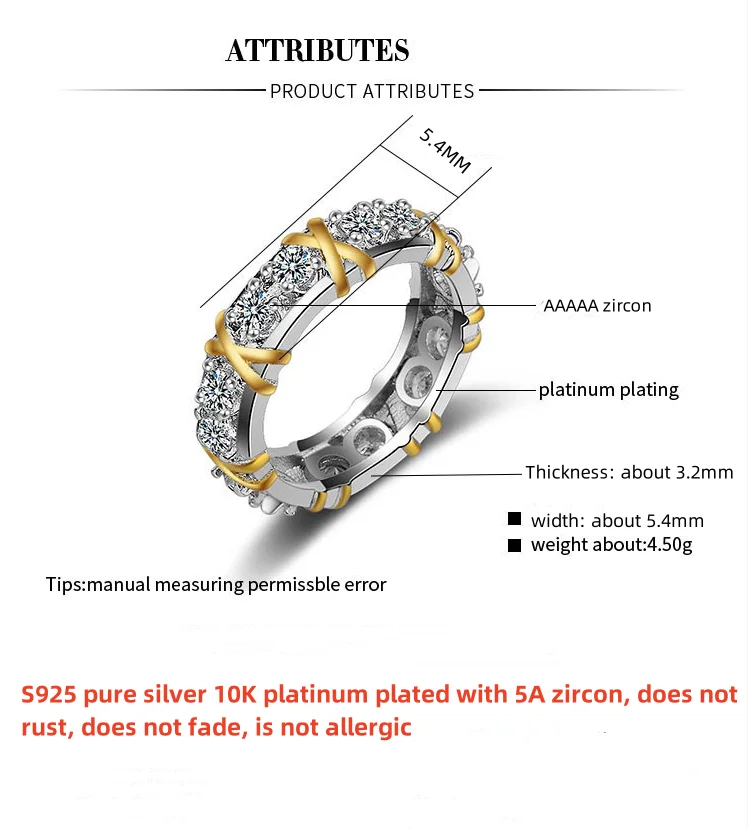 Кольцо из стерлингового серебра 925 пробы с покрытием белого золота 10 карат