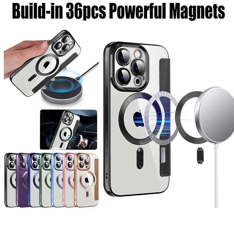 Leather Flip Cover Magnetic Electroplating TPU Case For iPhone 14 Pro Max Plus 13 12 11 Lens Glass Film Wireless Charging