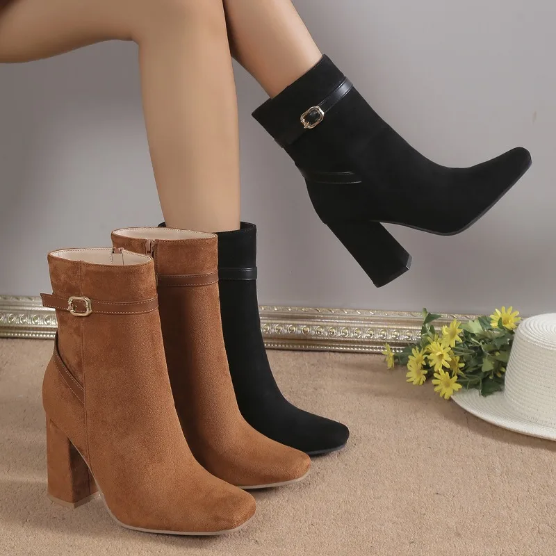 

Retro Plush Warm Autumn Winter Women's Boot Vintage Block Heel Ankle Boots Zipper High Heels Women Shoes Big Sizes Botines Mujer