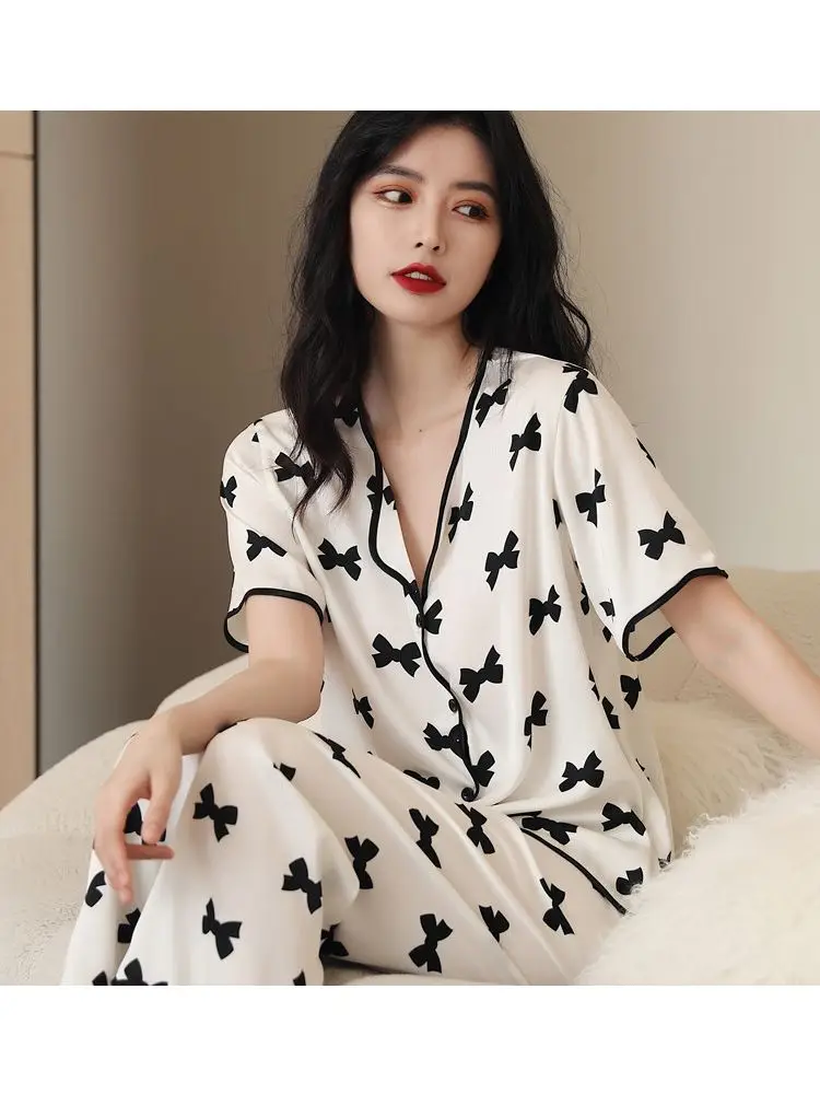 Pajamas 2022 spring and summer new simple fashion 3D digital positioning printing short-sleeved trousers women's pajamas set
