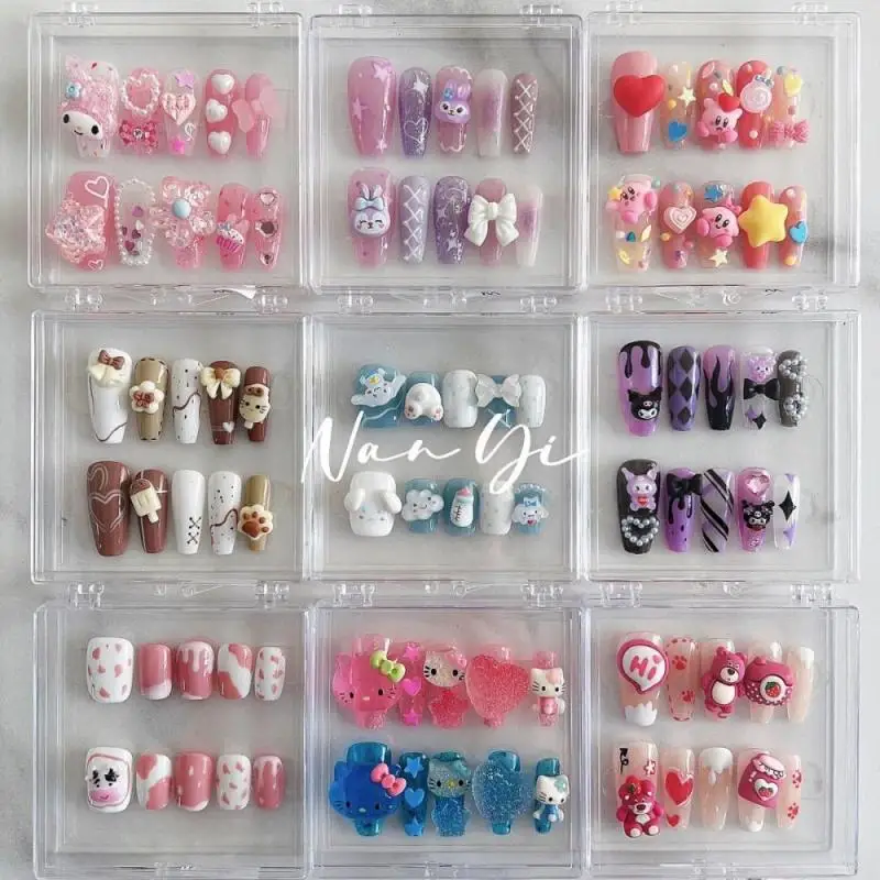 

Sanrios Cartoon Fake Nails Hello Kitty Cinnamoroll My Melody Anime Removable Wear Full Cover Handmade Manicure Patch Accessories