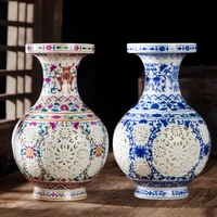jingdezhen ceramic hollow out small vase ornaments pastel blue and white porcelain living room flower arrangement home bogu rack