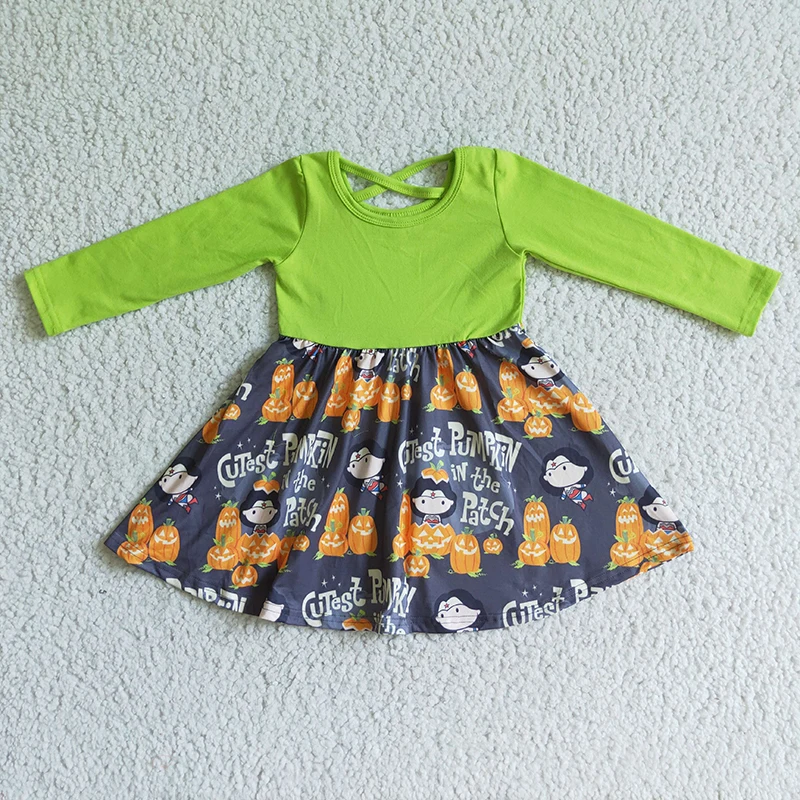 Baby Girl Happy Halloween Pumpkin Fall Toddler Green Twirl Dress Long Sleeves Children Clothes Wholesale Kids Infant Clothing