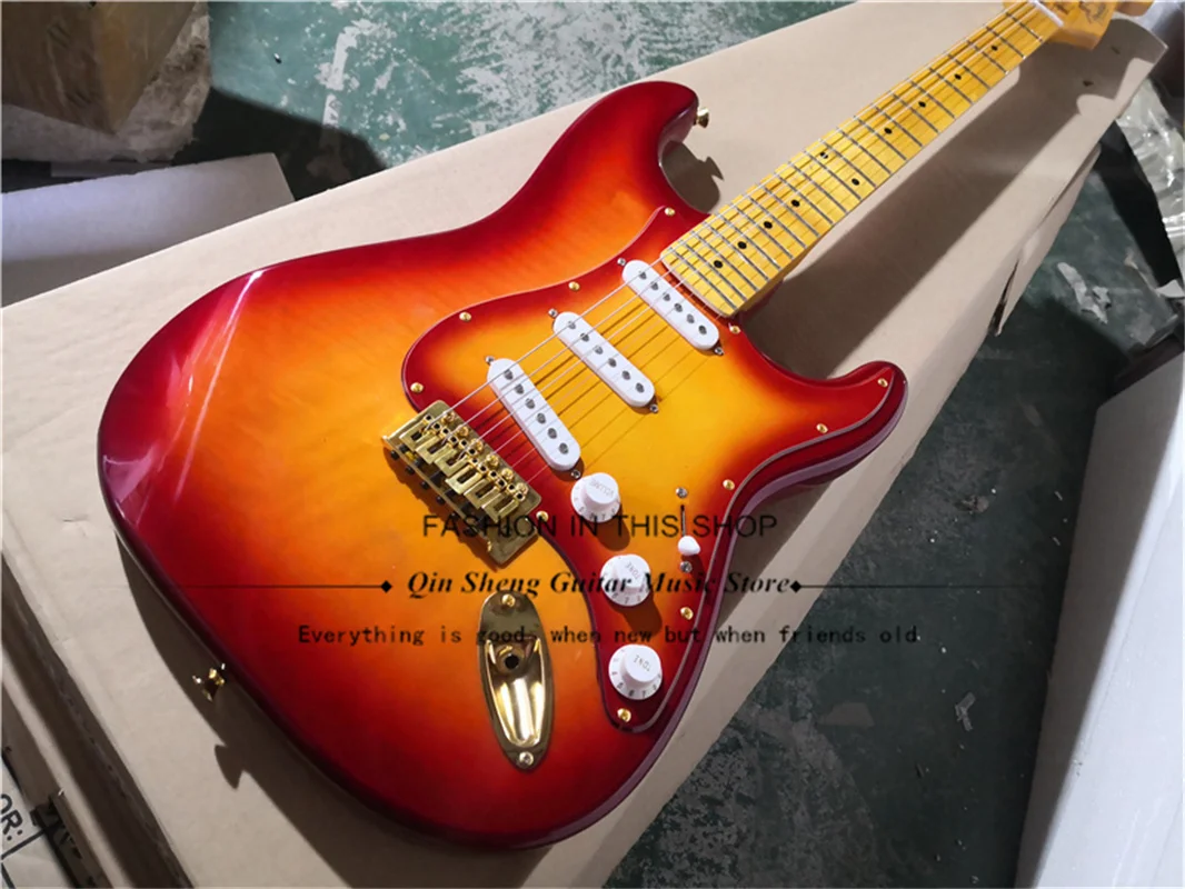 

Электрическая гитара Cherry Sunburst Stra, корпус из липы, желтая горловина, 22 лада, золотые тюнеры