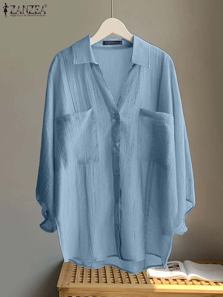 

ZANZEA 2022 Woman Long Sleeve Shirts Fashion OL Solid Tops Tunic Casual Loose Elegant Lady Lapel Neck Blusas Feminias Oversized