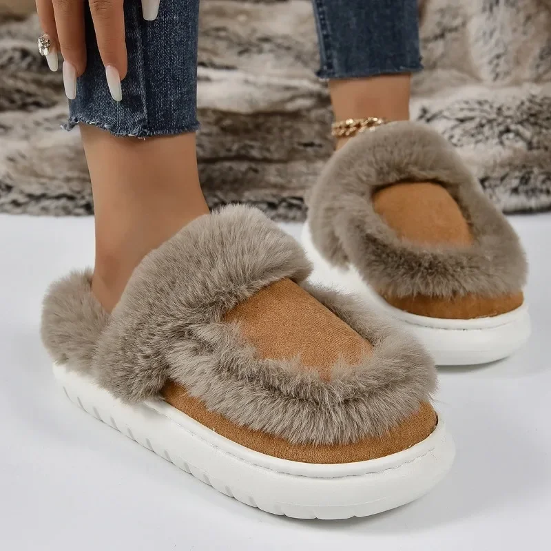 

Winter Fur Brand Design Luxury Slippers Women Indoor Outdoor Warm Plush Slippers Woman Comfort Non Slip House Shoes Plus Size 45