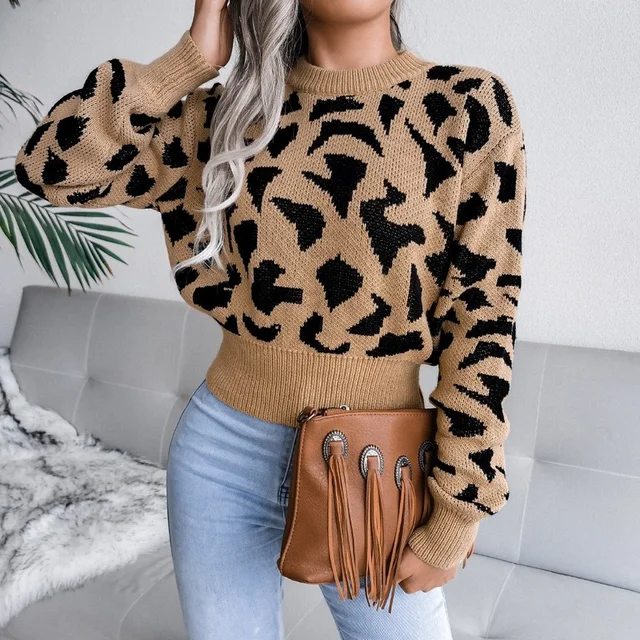 Fashion knitted o neck sweater for women pullover Autumn and winter leisure leopard print waist knit short sweater jumpers tops 1