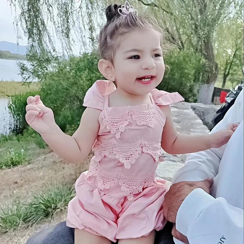

2022 Summer 0-2 Years Old Girls Pink Pop One Piece Fashion Solid Color Lace Children's Casual Jumpsuits Toddler Little Girls Leg