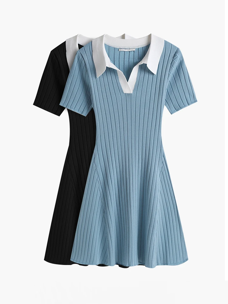 

Облегающее трикотажное платье с V-образным вырезом и коротким рукавом, женская летняя новая простая темпераментная трапециевидная футболк...