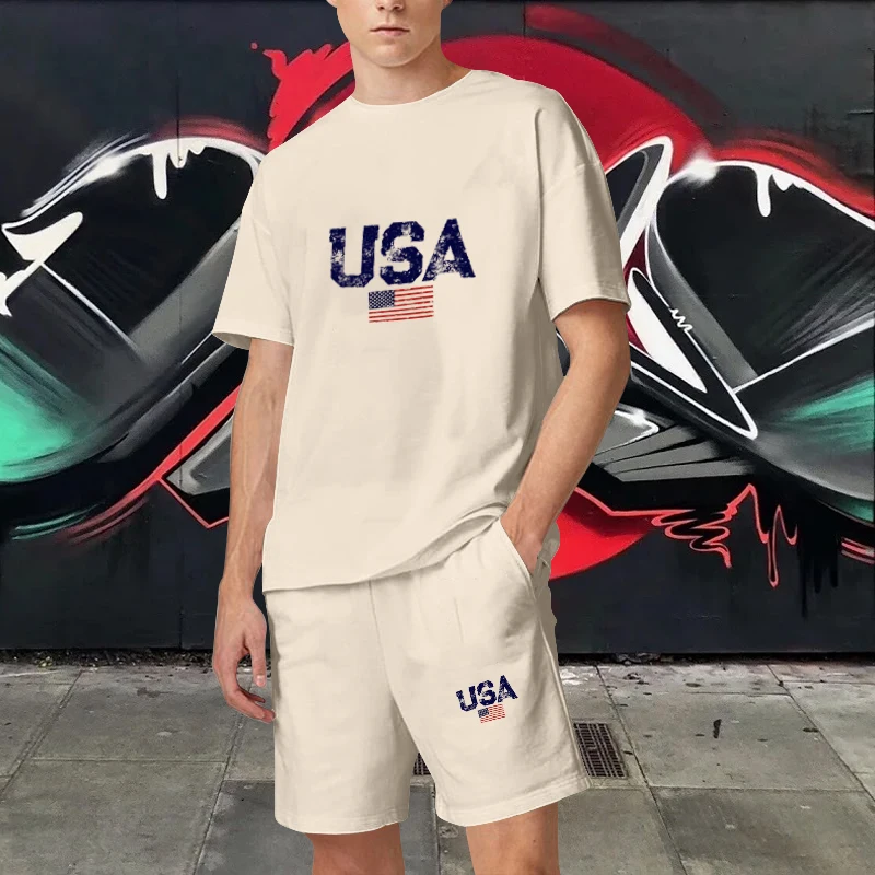 2023 Summer Men Women USA Graphics Tracksuit 2 Piece Sets Cotton T Shirt Shorts Sports Suit High Quality Streetwear Man Clothing