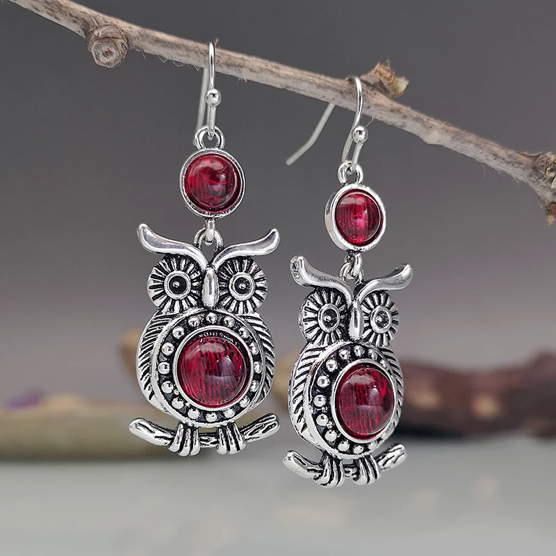 

Vintage Red Round Stone Owl Earrings Lovely Animal Jewelry Thai Silver Color Statement Dangle Earrings Party Accessories