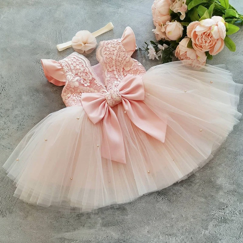 

Princess Infant Baby Girls Dress Ruffles Sleeve Pearl Lace Bowknot Bow Dress Flower Girls Dresses For Wedding Party Gown Summer