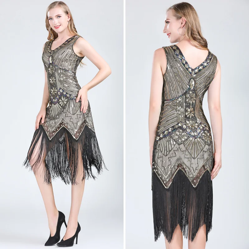 

Женское винтажное платье в стиле 1920-х годов, платье Великий Гэтсби с двойным V-образным вырезом, без рукавов, с бусинами, блестками и бахромой...