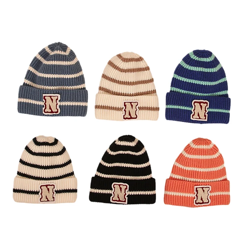 

Fashion Striped Knitted Hat for Boys Girls Autumn Winter Children Beanie Hats Korean Letter Kids Caps Warm Accessories 2-6Y