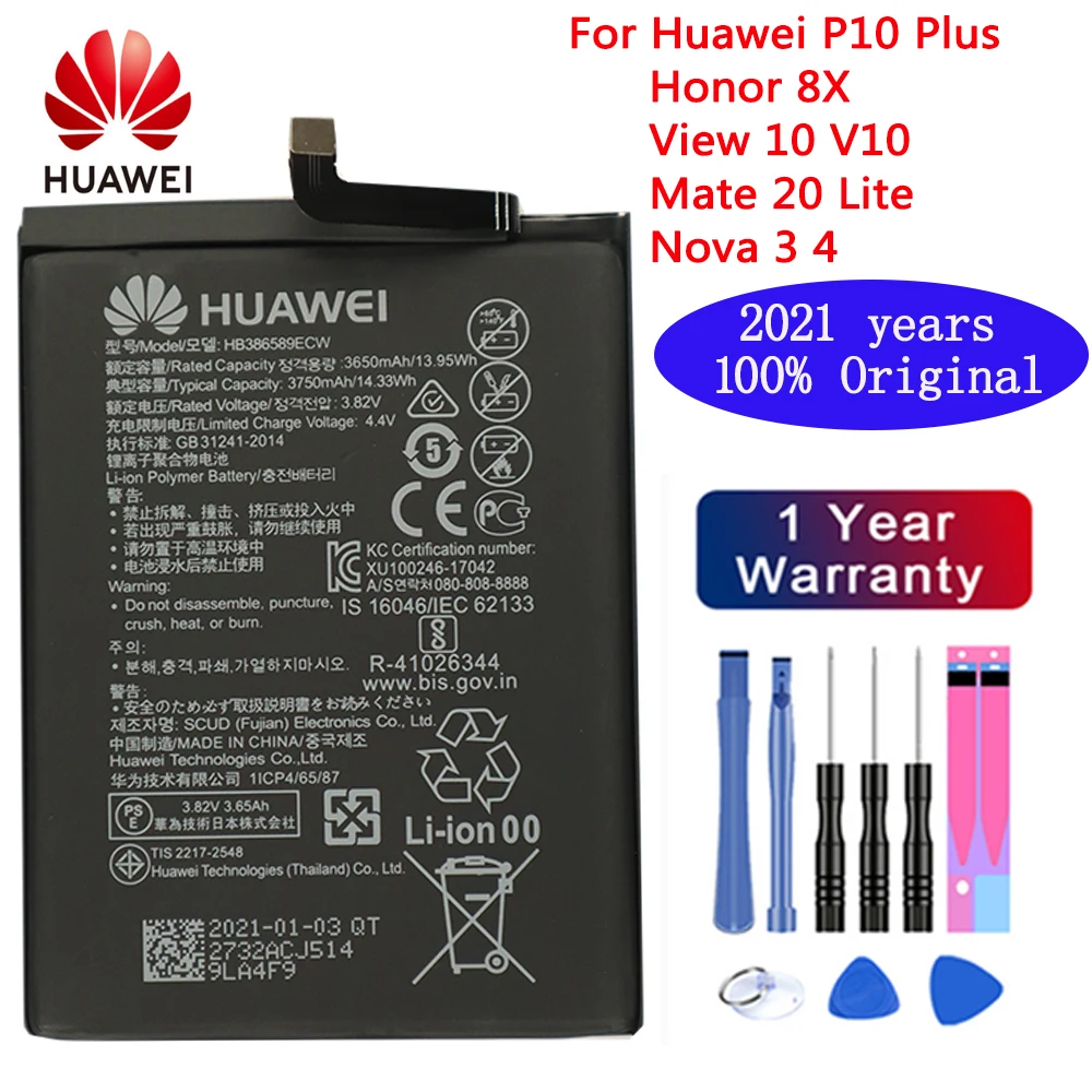

2021 Hua Wei Original Phone Battery HB386589ECW 3650mAh For Huawei P10 Plus Honor 8X View 10 V10 Mate 20 Lite Nova 3 4 Batteries