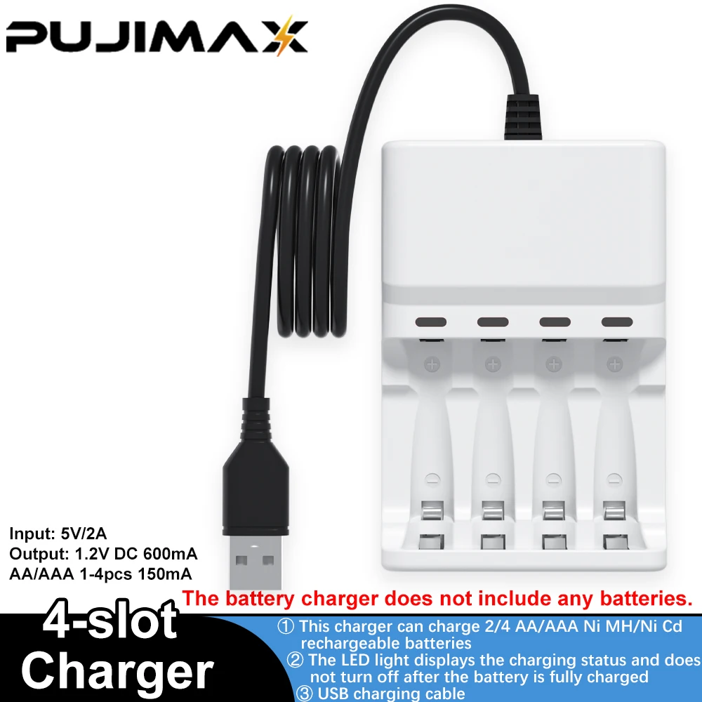 Фото Быстрое зарядное устройство PUJIMAX для аккумуляторов AA/AAA с USB-кабелем, 4 слота, LED-дисплей, умное зарядное устройство для перезаряжаемых аккумуляторов Ni-HM/Ni-Cd 1.2V №3
