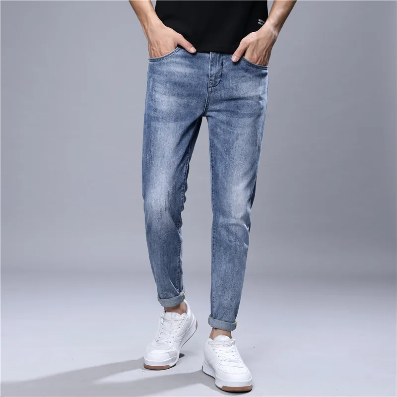 Spring and summer new nine part jeans for men Korean version, slim soft comfortable casual pants, trendy youth,elastic leg pants
