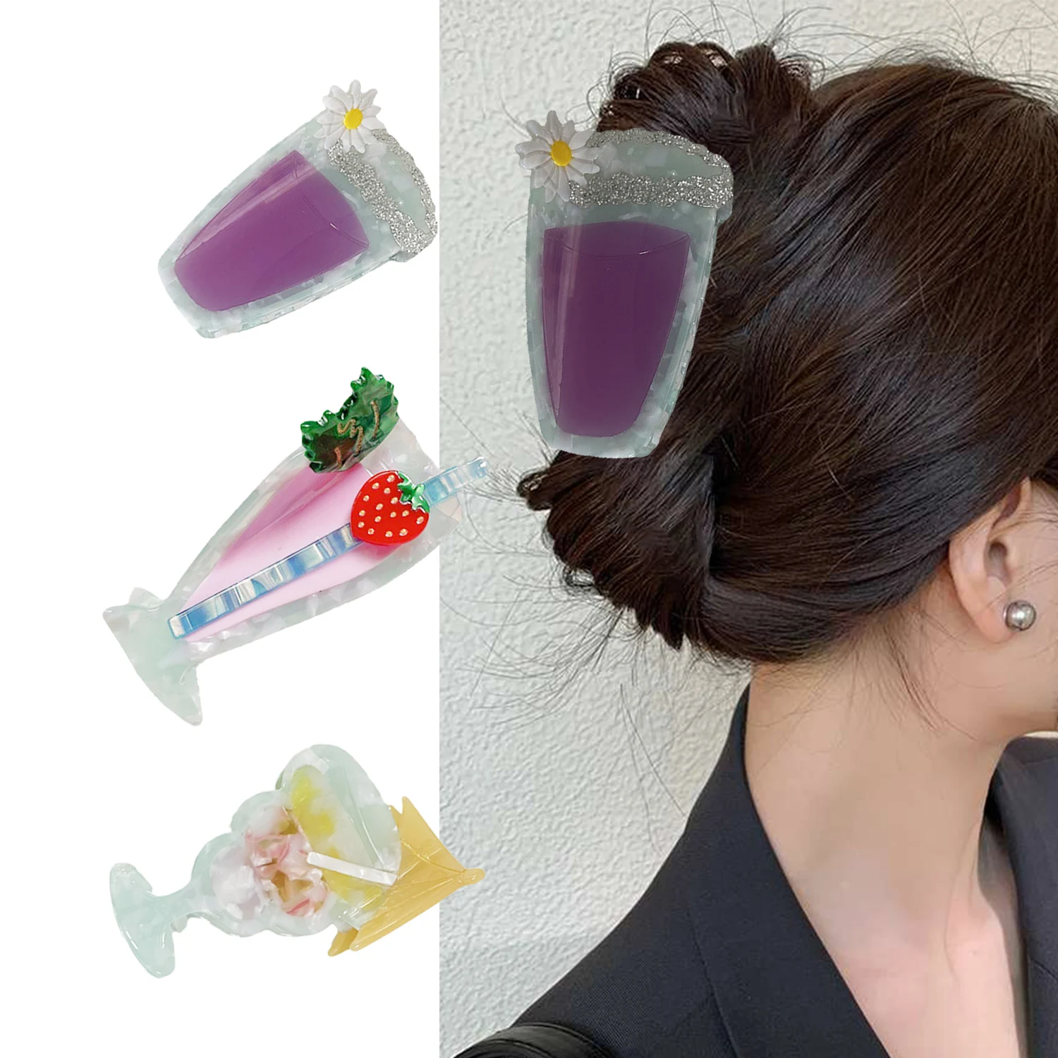 

Korean Fashion Hair Claw BB Clip Cute Wine Glass Flower Acetic Acid Hair Clip Cocktail Glass Shark Clip For Woman Girls