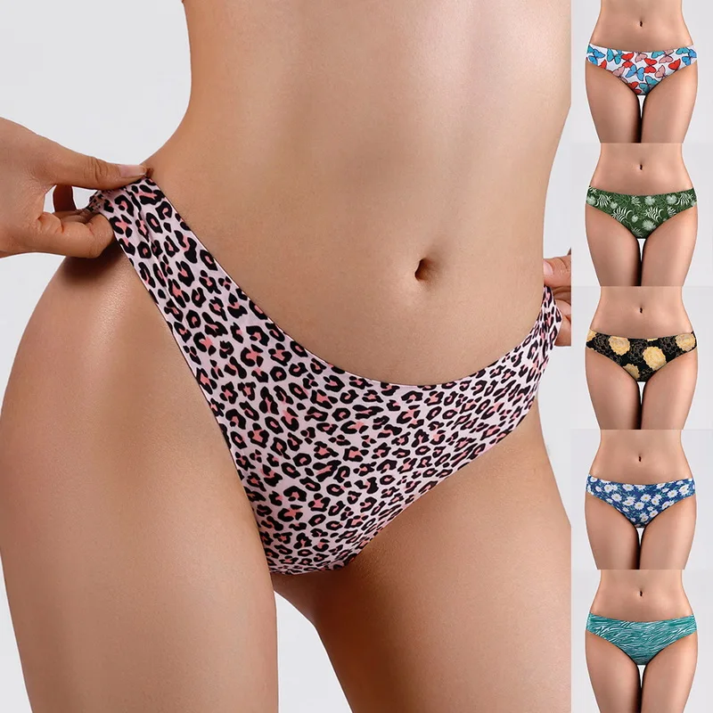 

Women's Underwear Sexy Thong Soft Breathable Ice Silk Leopard Panties Women Seamless T-Back Low-Rise Lingerie G-String