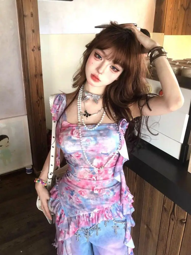 Seeslim Fairycore Tie Dye топы с лямкой на шее летние без рукавов в японском стиле одежда 2000-х