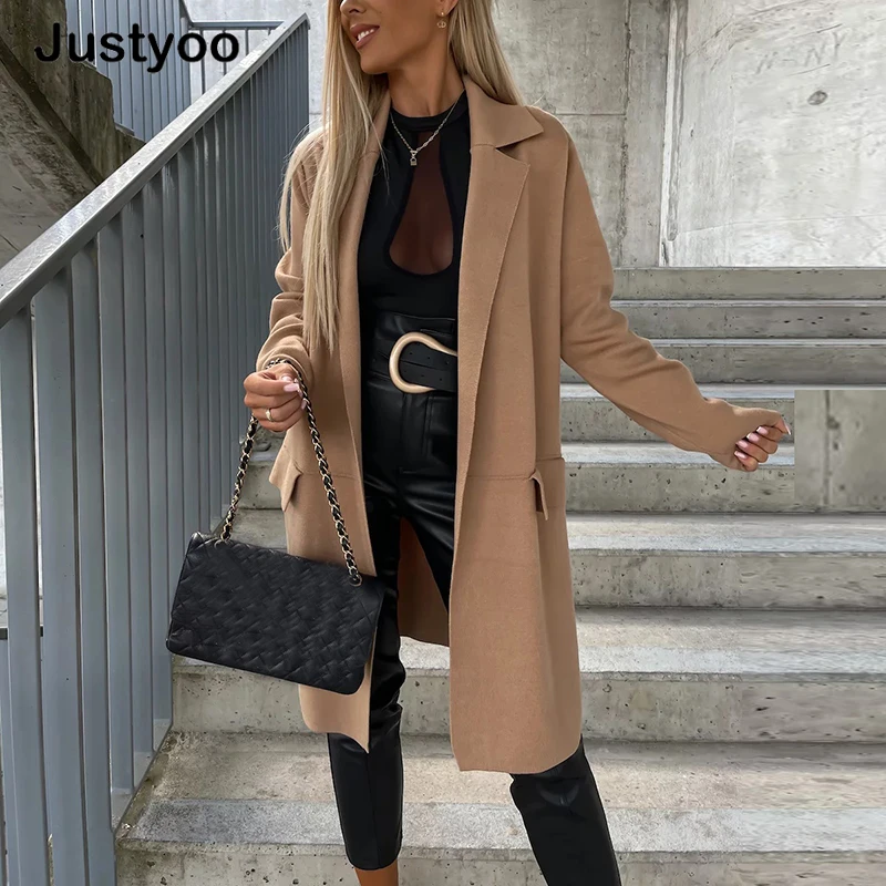 

Cardigan Coats Women Autumn Winter Solid Long Sleeve Loungewear Wool&Blends 2023 Fashion V-Neck Blazer Straight Streetwear