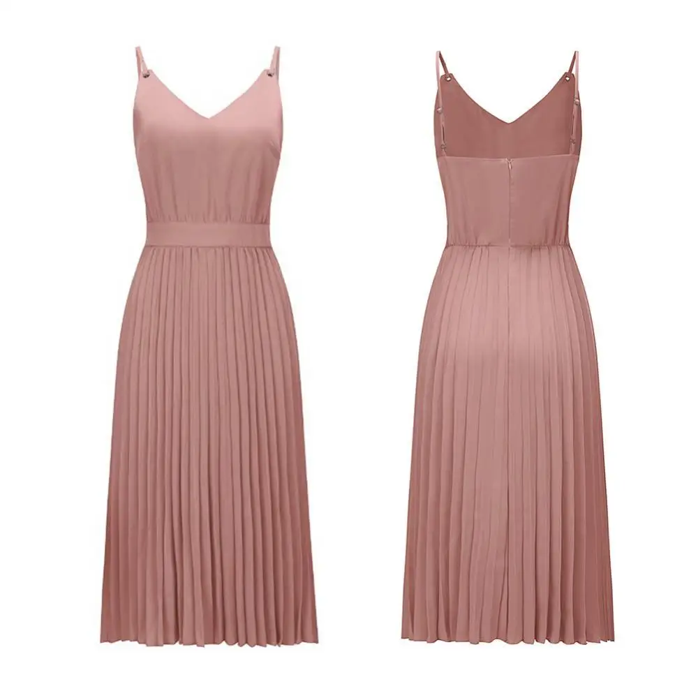 

Women Sexy Solid Color V Neck Spaghetti Straps Pleated Large Hem Midi Dress Pleated Adjustable Spaghetti Straps Midi Dress