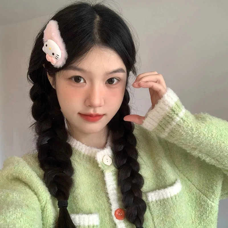 Sanrio Hello Kitty плюшевая заколка для волос с бантиком милый пушистый шарик розовая BB